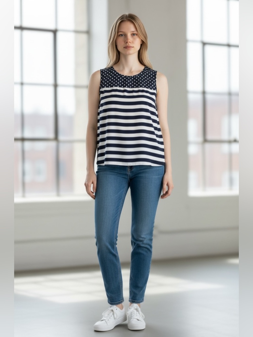 LOFT Sleeveless Blouse with Navy Stripes and Polka Dot Yoke